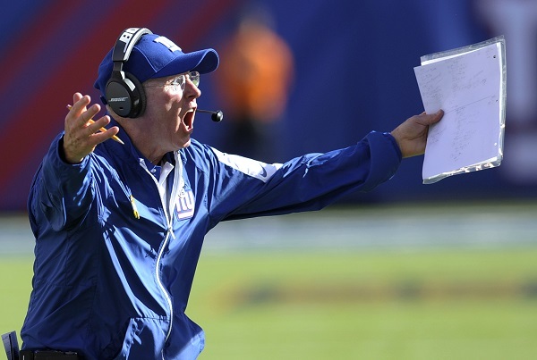 New York Giants head coach Tom Coughlin reacts during the second half of an NFL football game against the Atlanta Falcons in East Rutherford N.J. For the first time in three seasons the Giants control their