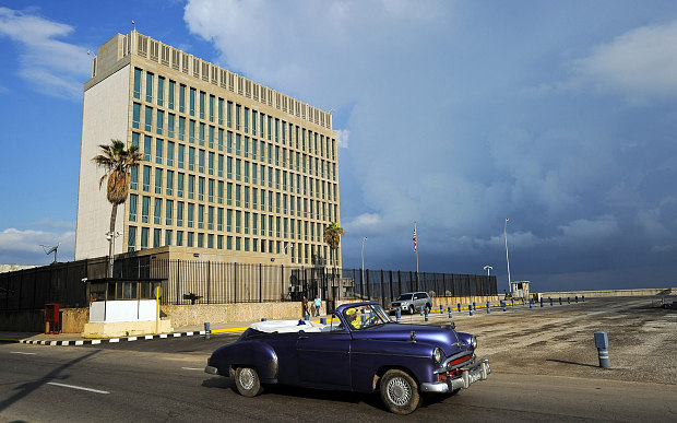 An old American car outside the US embassy in Cuba