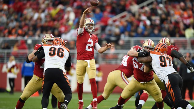 SANTA CLARA CA- DECEMBER 20 Blaine Gabbert #2 of the San Francisco 49ers attempts a pass against the Cincinnati Bengals during their NFL game at Levi's Stadium