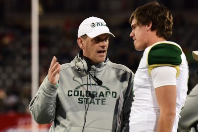 Head coach Mike Bobo speaks with quarterback Nick Stevens in a timeout during Nevada's win over Colorado State in the NOVA Home Loans Arizona Bowl at Arizona Stadium in Tucson Ariz. on Tuesday Dec. 29 2015. (Rebecca Noble  for the Rocky Mountain Col