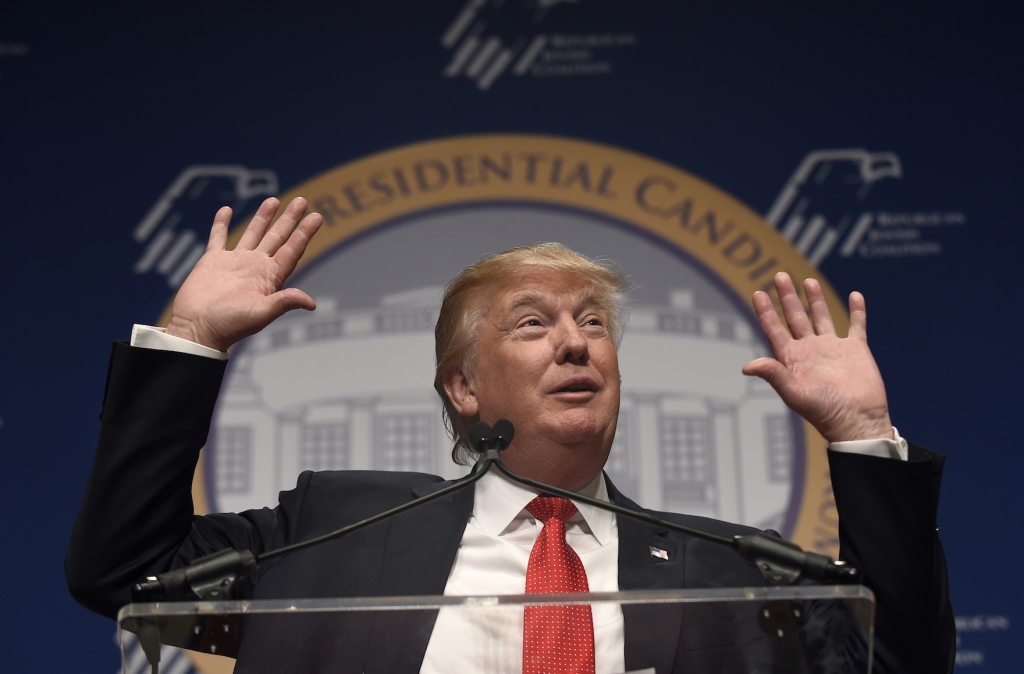 Republican presidential candidate Donald Trump speaking at the Republican Jewish Coalition candidates’ forum in Washington Dec. 3 2015