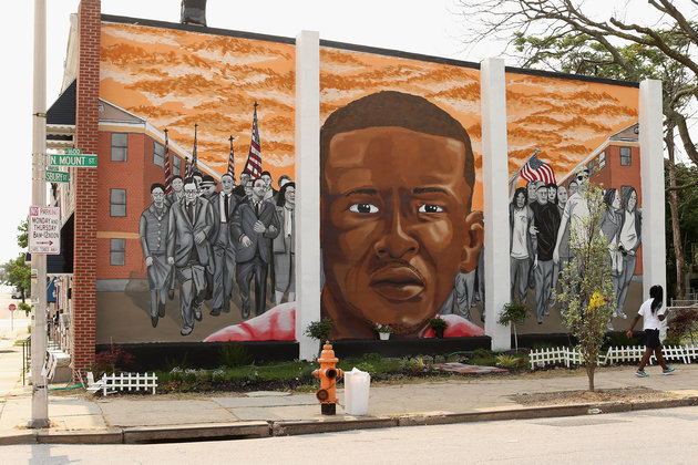 BALTIMORE MD- JUNE 09 A mural memorializing Baltimore resident Freddie'Pepper Gray is painted on the wall near the place where he was tackled and arrested by police at the Gilmor Homes housing project