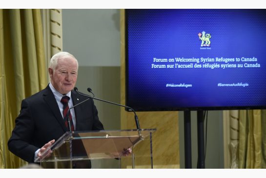 Governor General David Johnston speaks at the start of the Forum on Welcoming Syrian Refugees to Canada at Rideau Hall in Ottawa on Tuesday