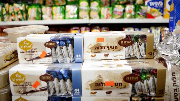 Food products manufactured in a Jewish settlement in the West Bank are on display at a supermarket in Tel Aviv. /Dan Balilty  AP