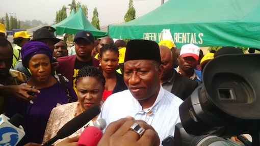 Former Nigerian president Goodluck Jonathan speaks to journalists after accreditation