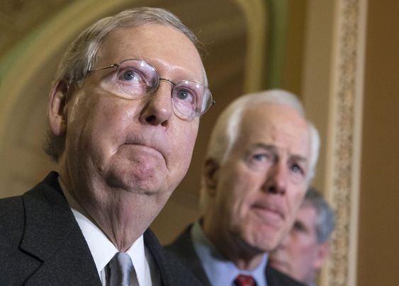 Senate Majority Leader Mitch Mc Connell of Ky. joined by Senate Majority Whip John Cornyn of Texas speaks on Capitol Hill in Washington. Talks on a massive government-wide spending bill hit a snag Wednesday