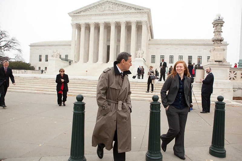 Abigail Fisher right plaintiff in Fisher v. University of Texas leaves the U.S. Supreme Court with Edward Blum of the Project on Fair Representation after oral arguments in the case in Washington D.C. Dec. 9 2015