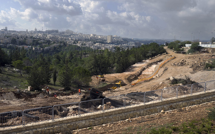 A view of infrastructure work underway in a neighborhood just north of Jerusalem in an area that many consider the West Bank as it is built of pre-1967 Arab lands. Jerusalem is seen behind