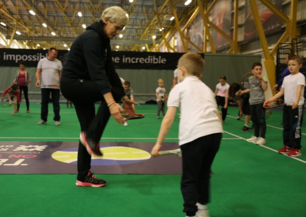 Judy Murray demonstrates an exercise she taught to Andy and Jamie