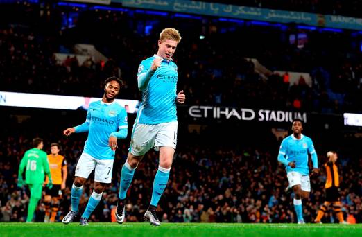 Manchester City's Kevin De Bruyne celebrates scoring his side's third goal of the game