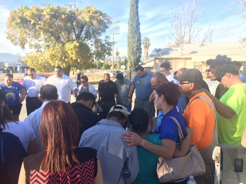 A prayer circle formed at the Rock Church in San Bernardino after a shooting Dec. 2 at the nearby Inland Regional Center. Fourteen people were killed in the shooting which has been labeled a terrorist attack by law enforcement officials