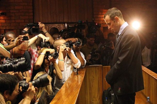 Olympic athlete Oscar Pistorius as he appears at a bail hearing for the shooting death of his girlfriend Reeva Steenkamp in Pretoria South Africa. The South African court of app