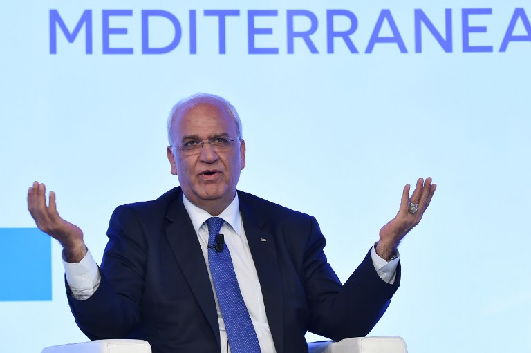 PLO Secretary General Saeb Erekat delivers a speech during the Mediterranean Dialogues, a three-day conference on security in the Mediterranean region