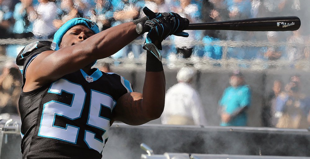 Carolina Panthers cornerback Bene Benwikere swings a bat – a motivational tool for the team – on the field before a home game against Atlanta on Dec. 13. The bat will be relegated to the locker room after a Panther was seen holding it while yelling