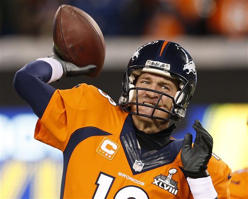 Denver Broncos quarterback Peyton Manning warms up on the field before the NFL Super Bowl XLVIII football game against the Seattle Seahawks Sunday Feb. 2 2014 in East Rutherford N.J