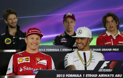 Bottom row left to right Ferrari's Finnish driver Kimi Raikkonen Mercedes AMG Petronas F1 Team's British driver Lewis Hamilton and top row left to right Lotus F1 Team's French driver Romain Grosjean Infiniti Red Bull Racing's Russian driver Daniil Kv