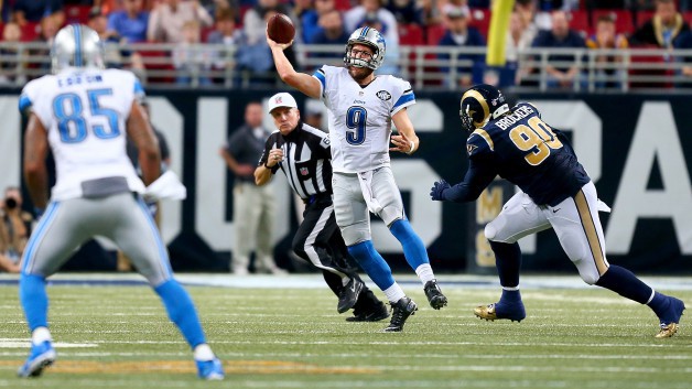 ST. LOUIS MO- DECEMBER 13 Matthew Stafford #9 of the Detroit Lions throws a pass in the fourth quarter against the St. Louis Rams at the Edward Jones Dome