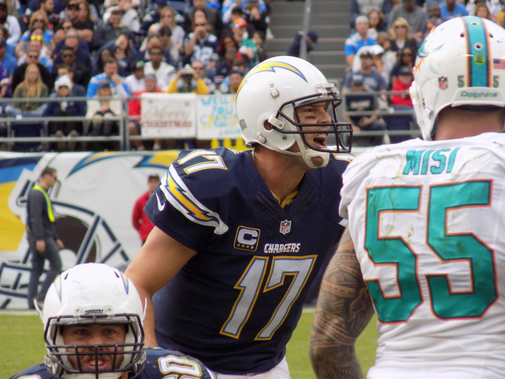 San Diego QB Phillip Rivers barks out signals at the goal line as the Chargers punch in another touchdown