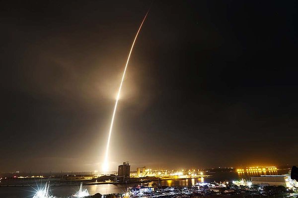 A remodeled version of the SpaceX Falcon 9 rocket lifts off from the Cape Canaveral Air Force Station in a time exposure on the launcher´s first mission since a June failure in Cape Canaveral Florida