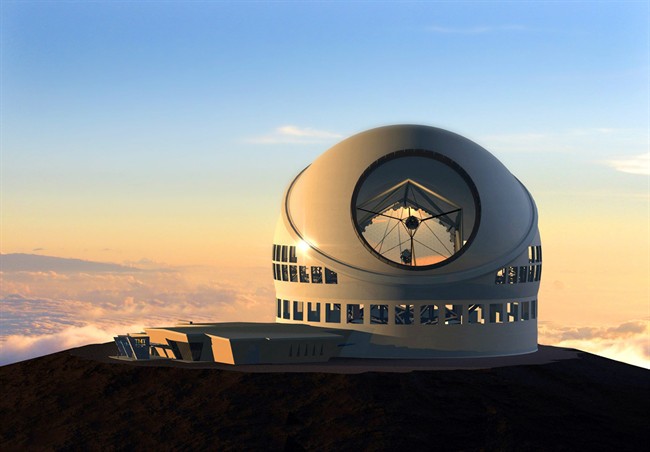 This undated file artist rendering made available by the TMT Observatory Corporation shows the proposed Thirty Meter Telescope planned to be built atop Mauna Kea a large dormand volcano in Hilo on the Big Island of Hawaii in Hawaii