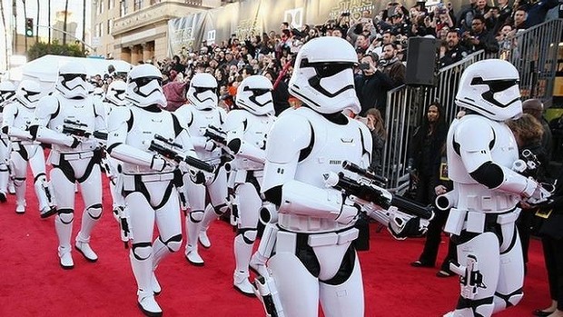 Stormtroopers march down the red carpet at the world premiere of Star Wars The Force Awakens in Los Angeles