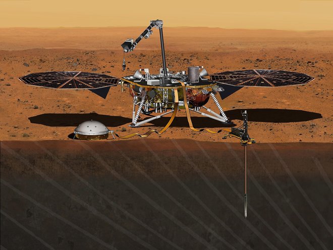 This August 2015 artist's rendering provided by NASA  JPL-Caltech depicts the In Sight Mars lander studying the interior of Mars. The spacecraft was scheduled to launch for Mars in March 2016 but NASA said Tuesday Dec. 22 that managers have suspended the