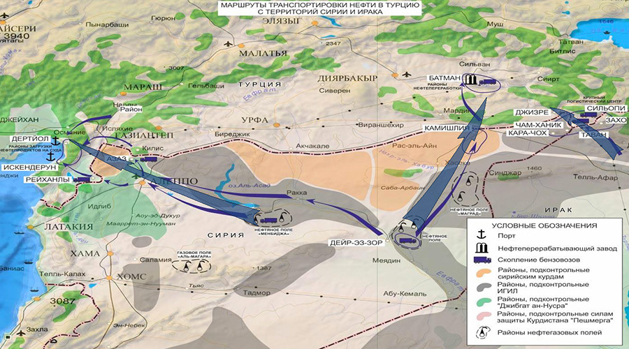 The routes of alleged oil smuggling from Syria and Iraq to Turkey