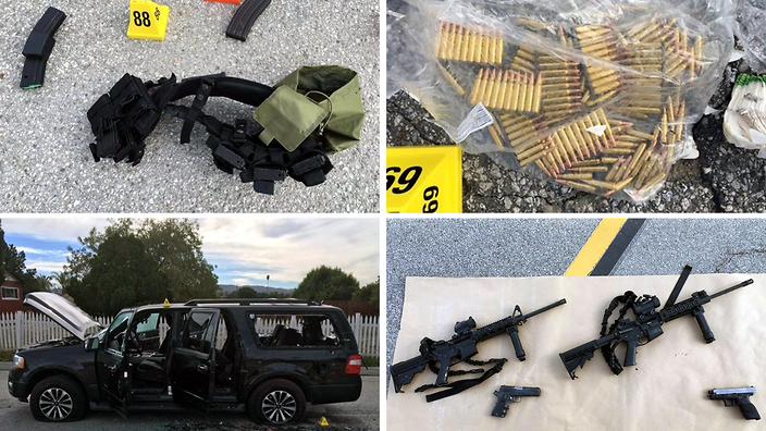 Weapons and ammunition carried by suspects involved in a mass shooting in San Bernardino California