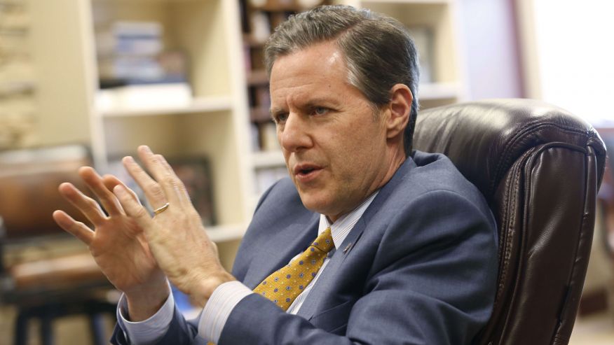 Liberty University president Jerry Falwell Jr. gestures during an interview at the school in Lynchburg Va