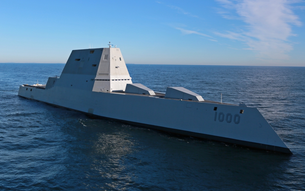 Zumwalt is underway for the first time conducting at-sea tests and trials in the Atlantic Ocean on Dec. 7 2015. US Navy