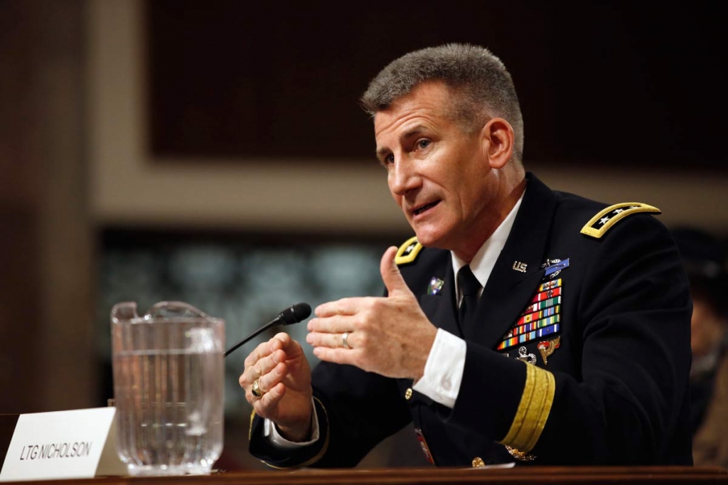 Army Lt. Gen. John Nicholson Jr. testifies on Capitol Hill in Washington Thursday Jan. 28 2016 before the the Senate Armed Services Committee hearing on his nomination to become the next top American commander in Afghanistan