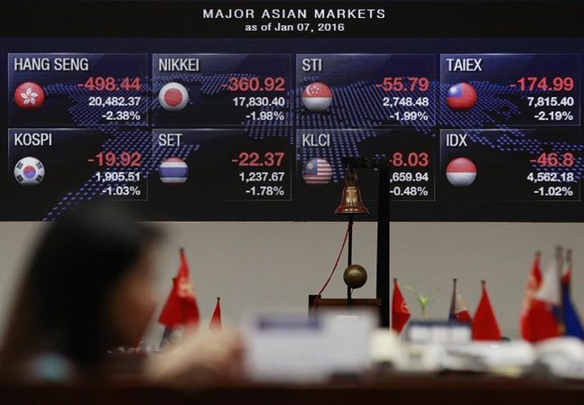 A Filipino trader stands in front of the electronic board showing some Asian markets during the morning trading at the Philippine Stock Exchange in Makati south of Manila Philippines Thursday Jan. 7 2016. Chinese stocks nosedived on Thursday triggeri