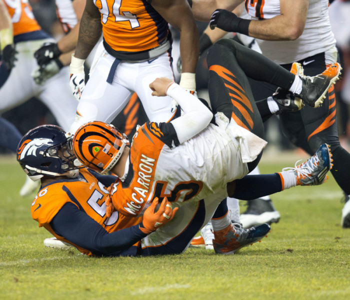 Dec. 28 2015- Denver Colorado U.S- Broncos OLB VON MILLER left sacks Bengals QB AJ MCCARRON center during the 2nd. Half at Sports Authority Field at Mile High Monday night. The Broncos beat the Bengals in OT 20-17