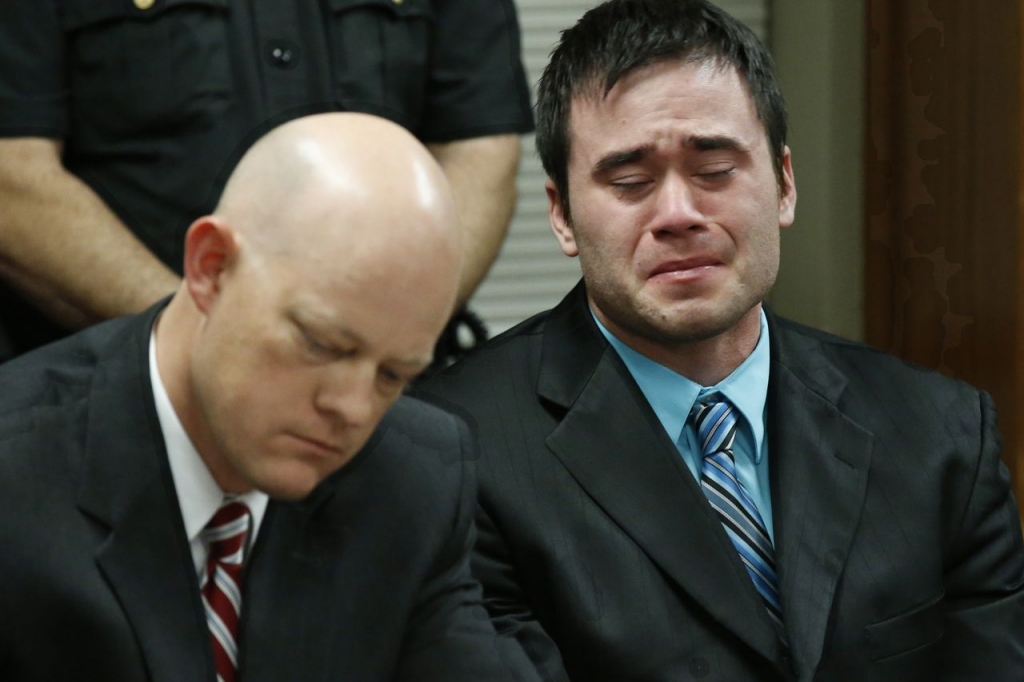 Daniel Holtzclaw right cries as the guilty verdicts are read in his trial in Oklahoma City. AP