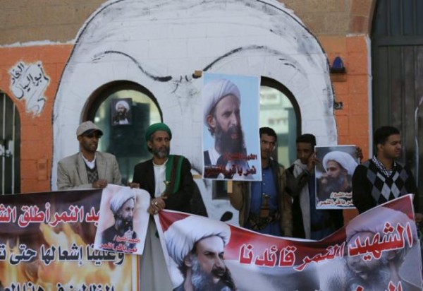 Supporters of the Iranian backed Shiite Houthi movement protest against the execution of Shi'ite Muslim cleric Nimr al Nimr in Saudi Arabia during a demonstration outside the Saudi embassy in Sanaa Yemen