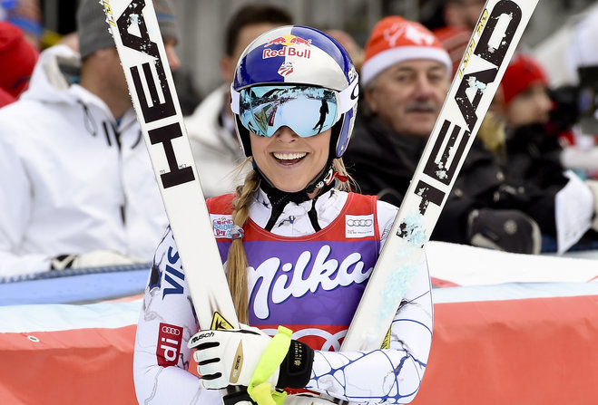 Lindsey Vonn of the United States smiles in the finish area after winning an alpine ski women's World Cup downhill in Altenmarkt-Zauchensee Austria Saturday Jan 9 2016