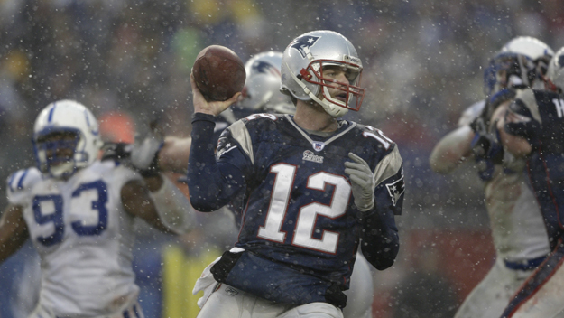 Tom Brady looks to pas during the AFC championship game on Jan. 18 2004 at Gillette Stadium in Foxborough Mass