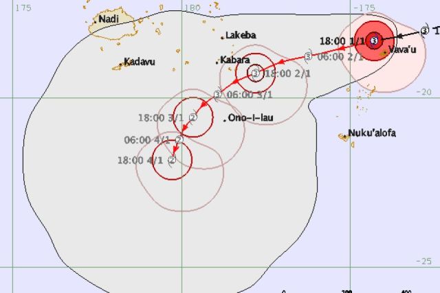 Path of Cyclone Ula as recorded by Fiji Meteorological Services