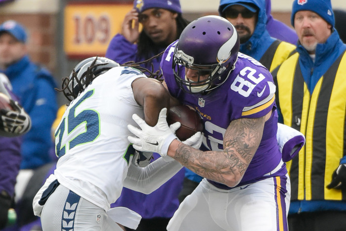 06 December 2015 Seattle Seahawks Cornerback Richard Sherman  battles with Minnesota Vikings Tight End Kyle Rudolph  in action during a NFL game between the Minnesota Vikings and the Seattle Seahawks at Mall Of America Field in Mi