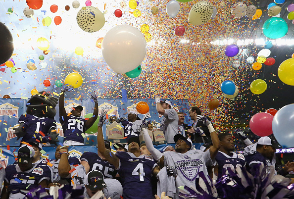 SAN ANTONIO TX- JANUARY 02 The TCU Horned Frogs celebrate after winning the Valero Alamo Bowl in three overtimes against the Oregon Ducks at Alamodome