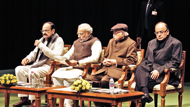 Prime Minister Modi senior leaders LK Advani Arun Jaitley and Venkaiah Naidu at the BJP parliamentary party meeting 
    B B Yadav     dna