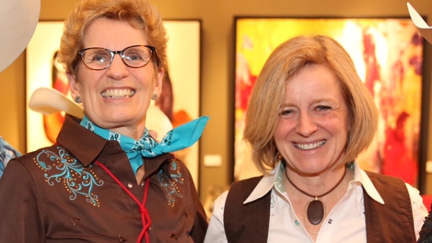 Ontario Premier Kathleen Wynne left and Alberta Premier Rachel Notley attended a Western-themed event held by the Pembina Institute in Toronto on Thursday night. The leaders are set to talk at Queen's Park on Friday