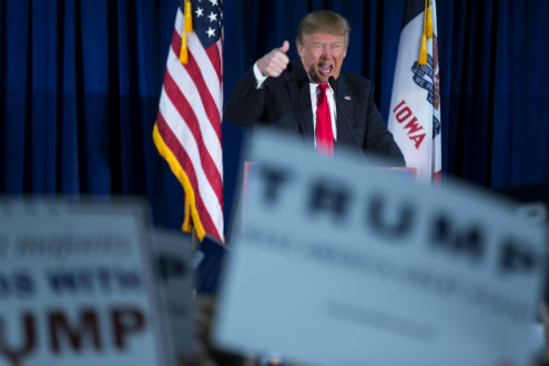 Republican presidential candidate Donald Trump gestures as he speaks during a campaign event Jan. 20 in Norwalk Iowa