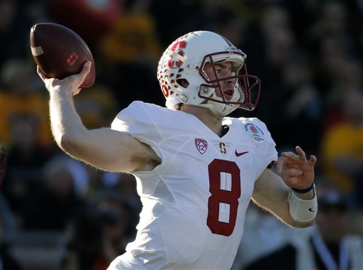 Stanford quarterback Kevin Hogan passes against Iowa during the first half of the Rose Bowl NCAA college football game Friday Jan. 1 2016 in Pasadena Calif