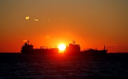 Oil tankers sit anchored off the Fos Lavera oil hub near Marseille France