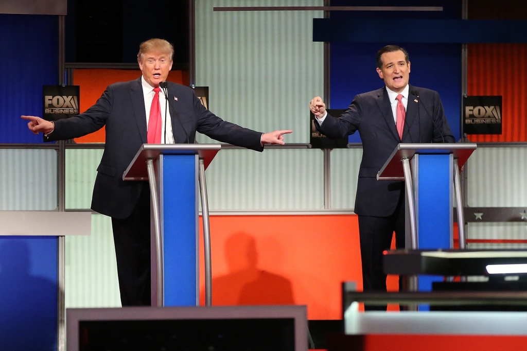 Republican presidential candidates Donald Trump and Sen. Ted Cruz participate in the Fox Business Network Republican presidential debate at the North Charleston Coliseum and Performing Arts Center on Jan. 14 2016 in North Charleston South