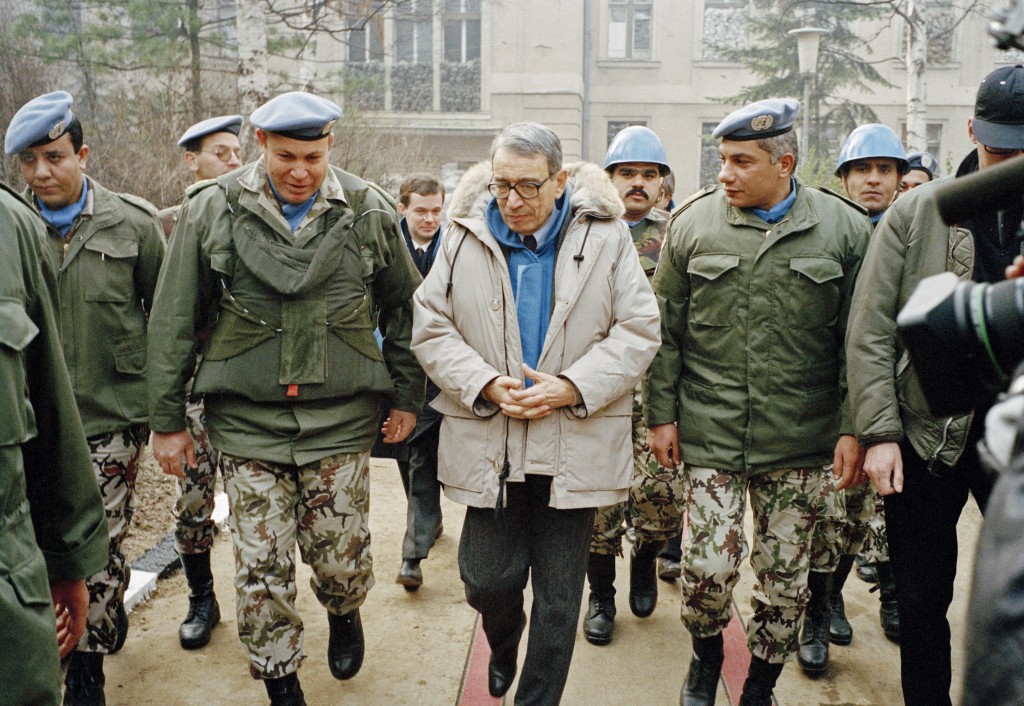 U.N. Secretary General Boutros Boutros Ghali walks with Egyptian Battalion Commander Hussein Ali Abdel Razek and Egyptian peacekeeping soldiers in Sarajevo Bosnia in a Dec. 31 1992 United Nations file