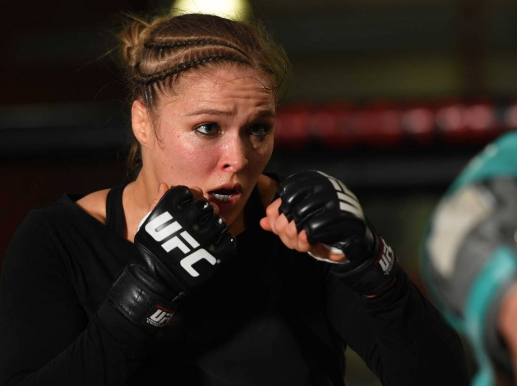 UFC women's bantamweight champion Ronda Rousey at an open training session for fans and media at the UFC Gym in Torrance Calif. on Feb. 24 2015