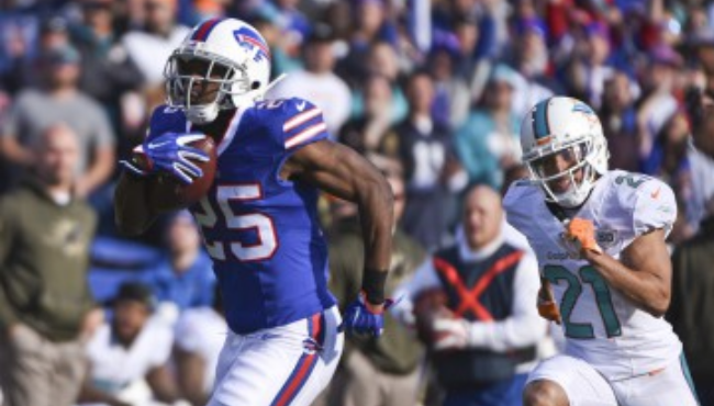 Buffalo Bills running back Le Sean McCoy runs away from Miami Dolphins&#039 Brent Grimes for a touchdown during the first half of an NFL football game Sunday Nov. 8 2015 in Orchard Park N.Y