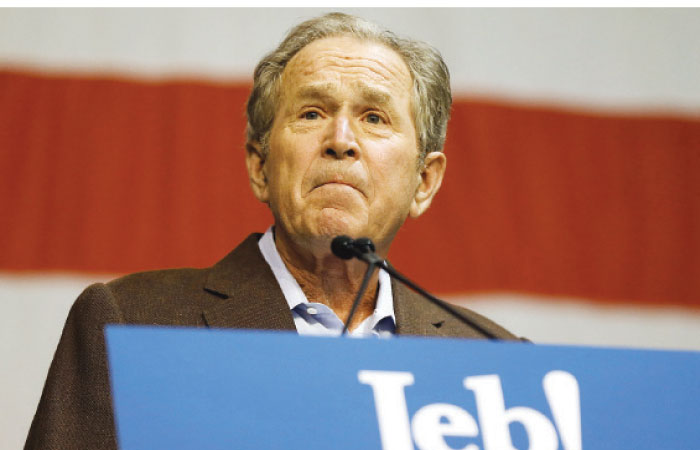 Former President George W. Bush speaks in support of his brother Republican presidential candidate Jeb Bush,at a campaign rally in North Charleston South Carolina on Monday. — AFP